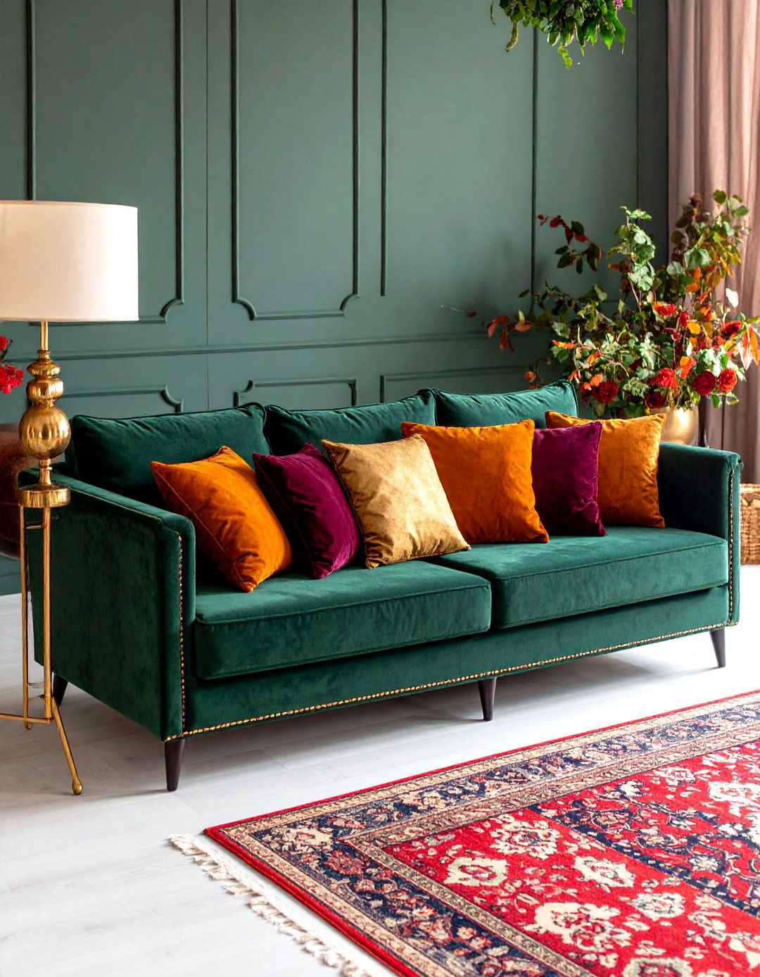 Moody Boho Living Room with Deep Emerald Velvet Seating - 20 Moody Boho Living Room Ideas
