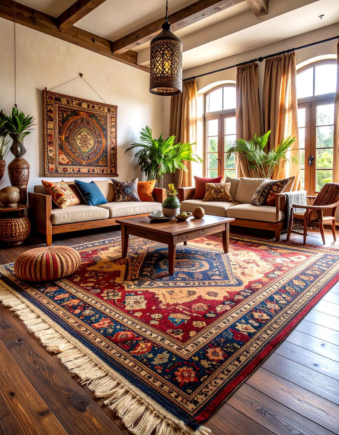 Moody Boho Living Room with Layered Persian Rugs and Dark Wood - 20 Moody Boho Living Room Ideas