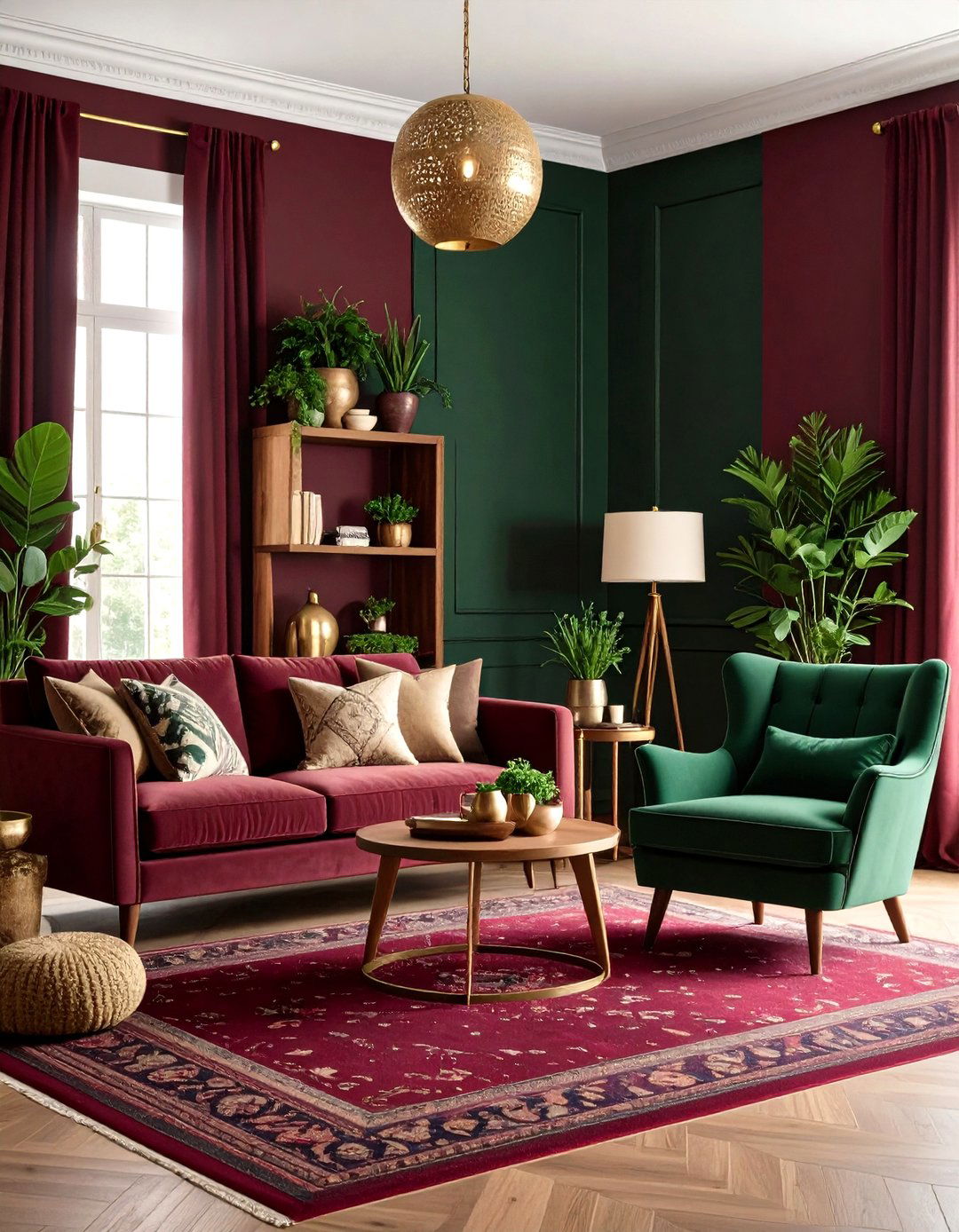 Moody Boho Living Room with Rich Burgundy and Deep Forest Green Palette - 20 Moody Boho Living Room Ideas