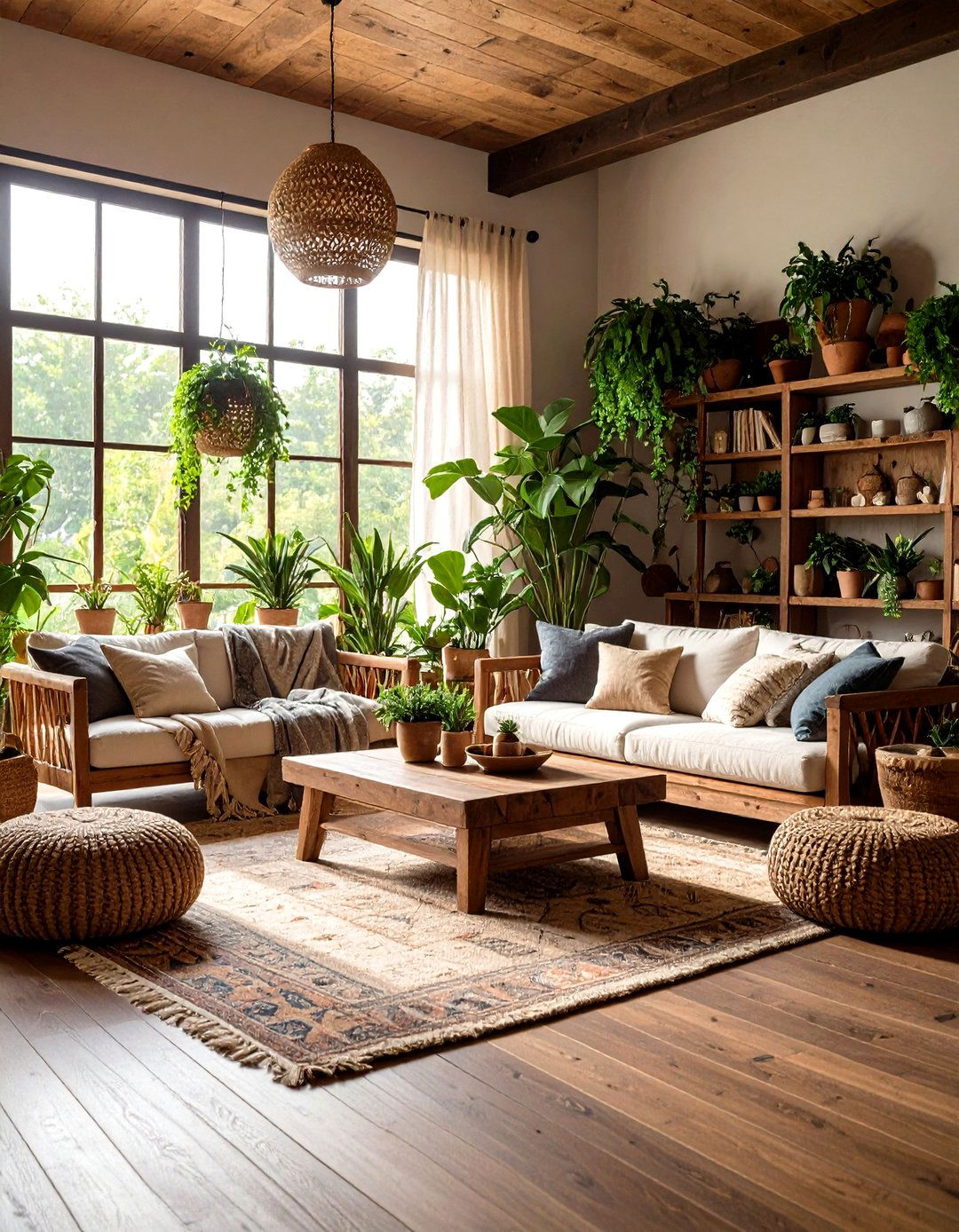 Moody Boho Living Room with Rich Wood Tones and Natural Element Integration - 20 Moody Boho Living Room Ideas