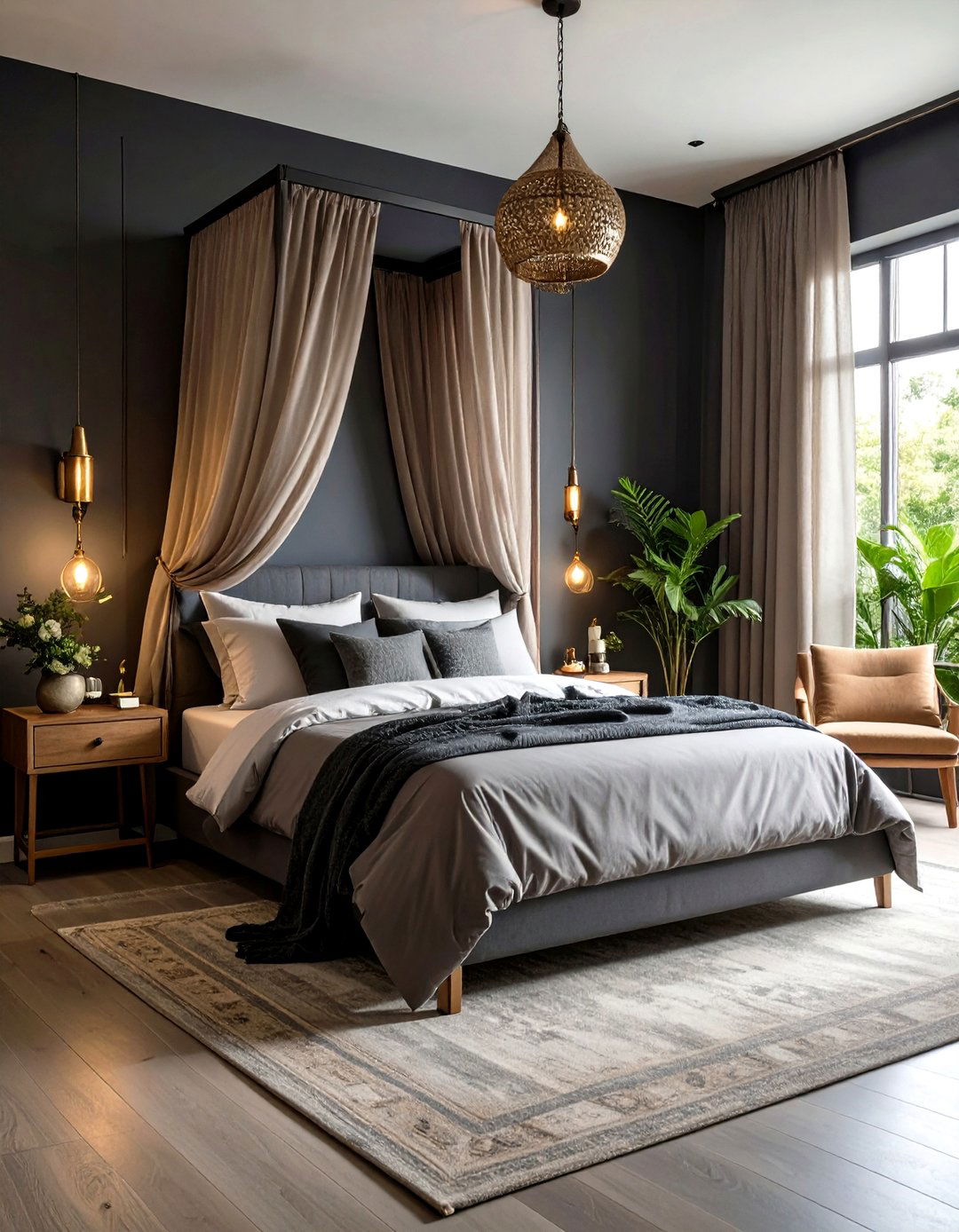 Moody Charcoal Walls Deepen the Grey Boho Bedroom - 20 Grey Boho Bedroom Ideas