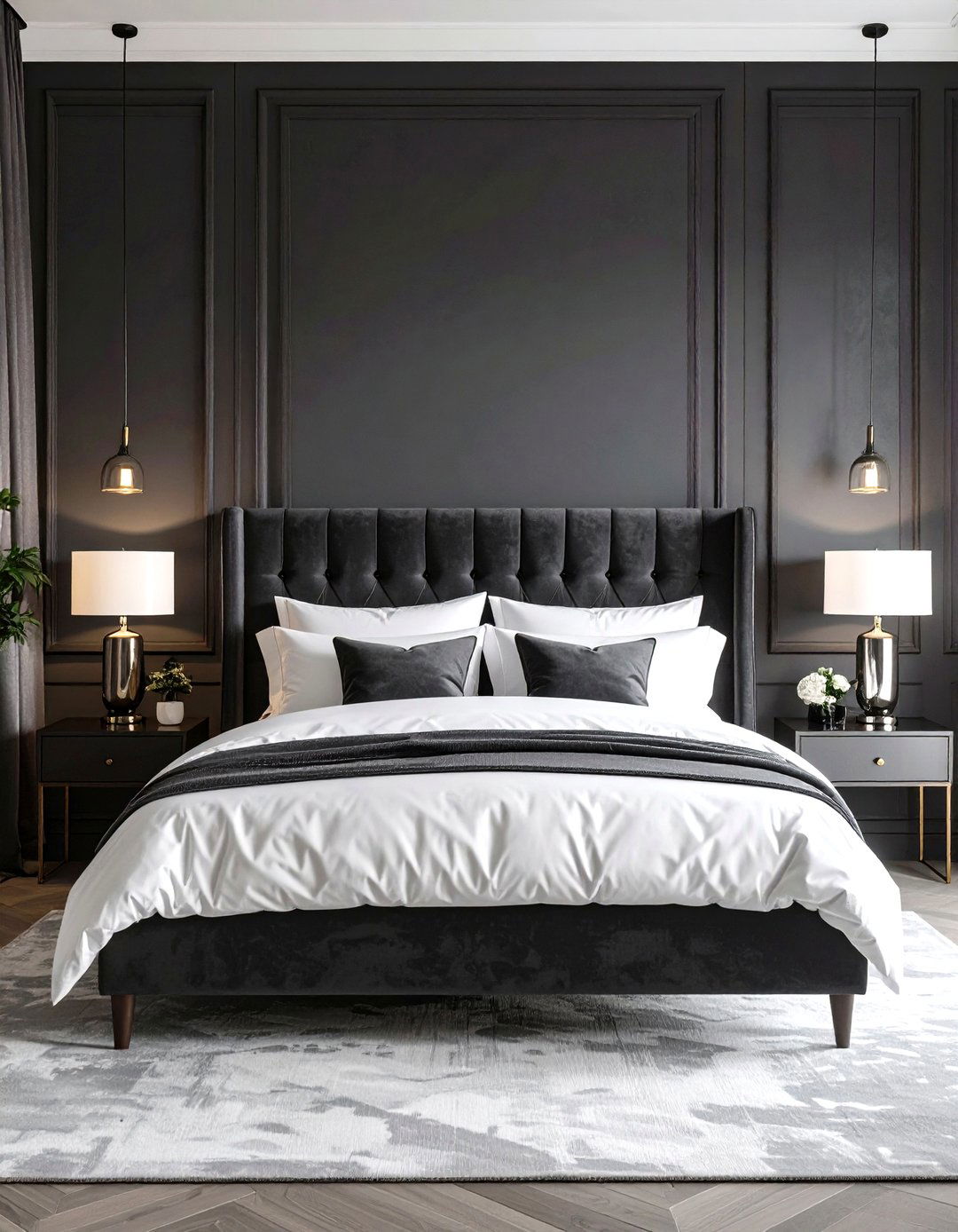Moody Charcoal and White Bedroom with Velvet Upholstery - 20 Grey and White Bedroom Ideas