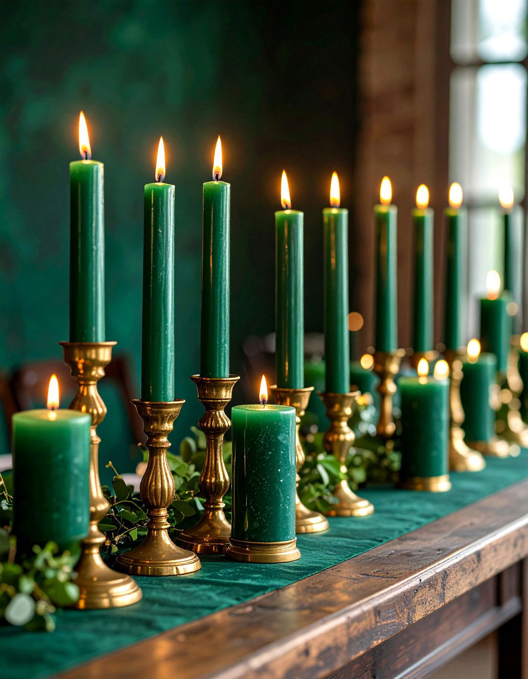 Moody Emerald Green Taper Candles Create Romantic Glow - 20 Emerald Green Wedding Ideas