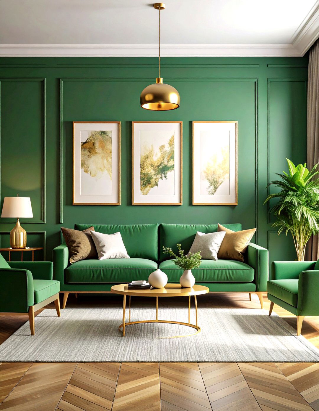 Moody Emerald Green Walls and Gilded Artwork - 20 Emerald Green and Gold Living Room Ideas