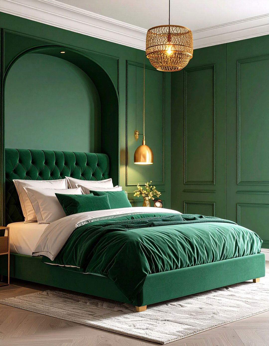 Moody Emerald Nook with Gold Task Lighting - 20 Emerald Green and Gold Bedroom Ideas