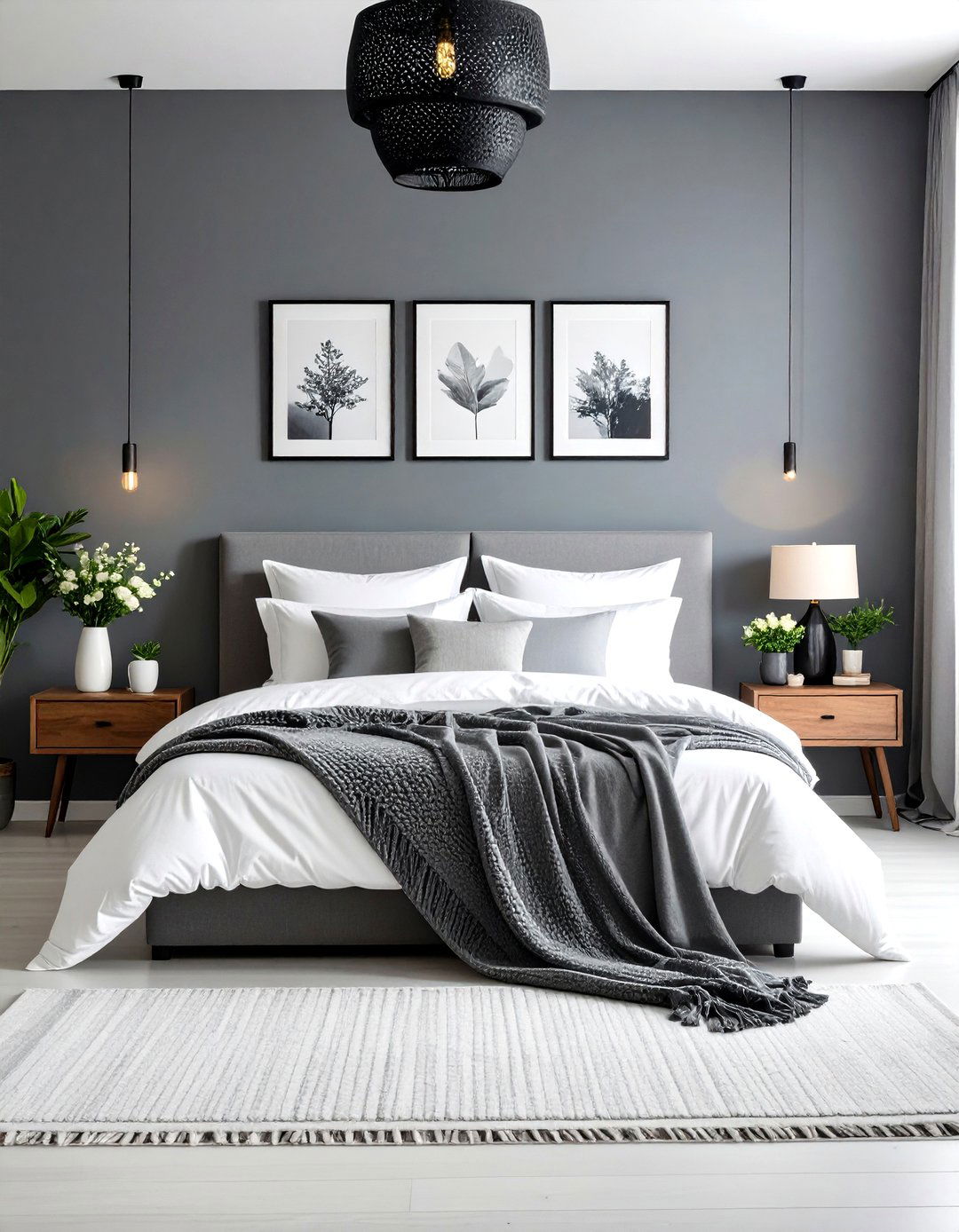 Moody Grey Accent Wall in a White Bedroom for Contrast - 20 Grey and White Bedroom Ideas