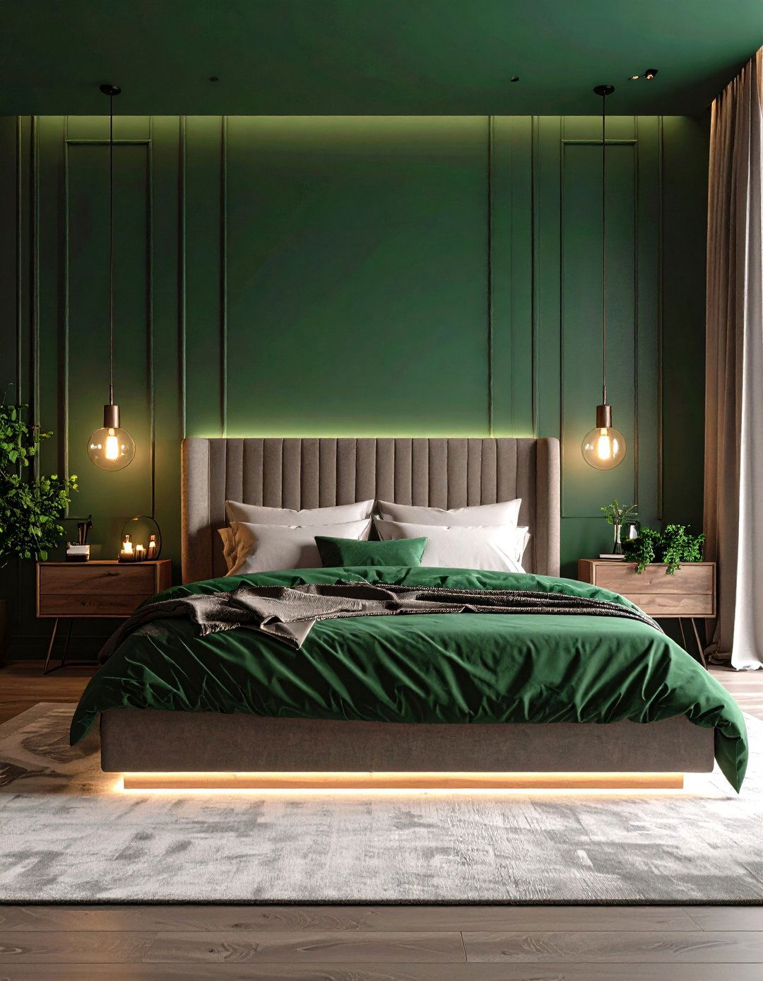 Moody Lighting with Emerald Green Walls - 20 Emerald Green Bedroom Ideas