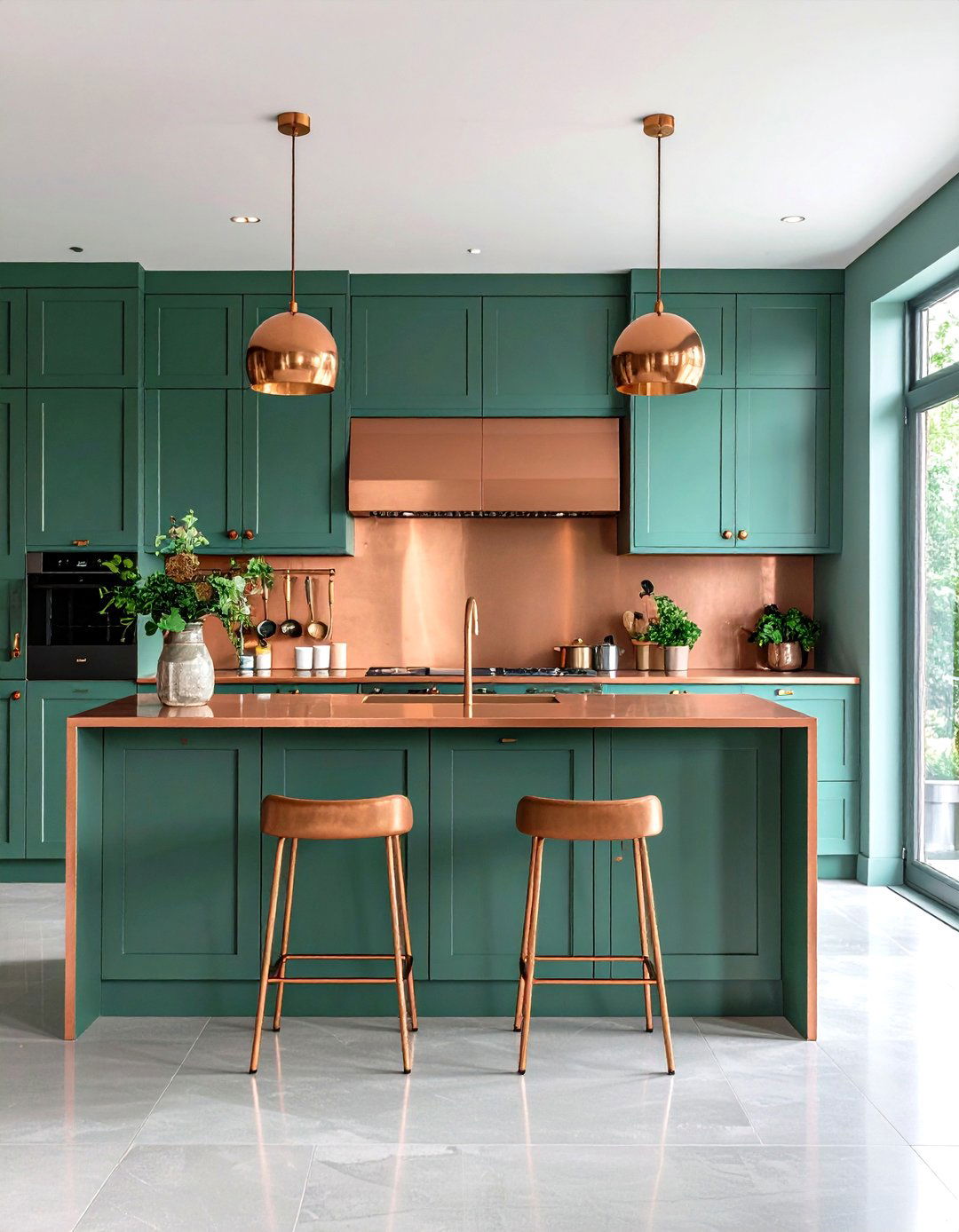 Moody Teal Green Kitchen Paneling Combined with Copper Countertops - 20 Green and Copper Kitchen Ideas