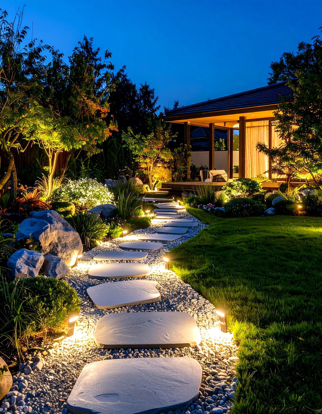 Moonlight River Rock Edging Illumination - 20 River Rock Edging Ideas