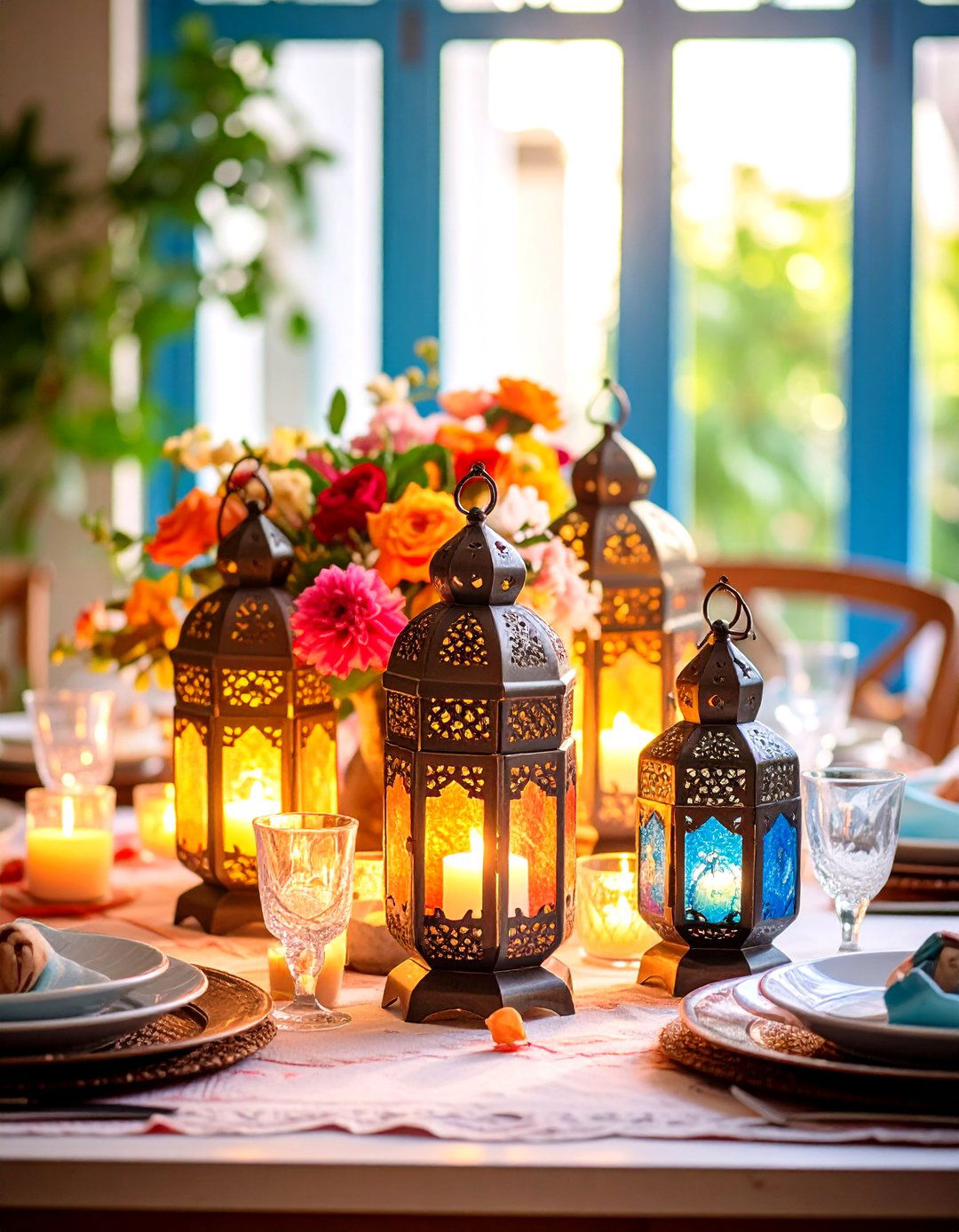 Moroccan Inspired Lantern Centerpiece with Colorful Glass Panels - 20 Lantern Centerpiece Ideas