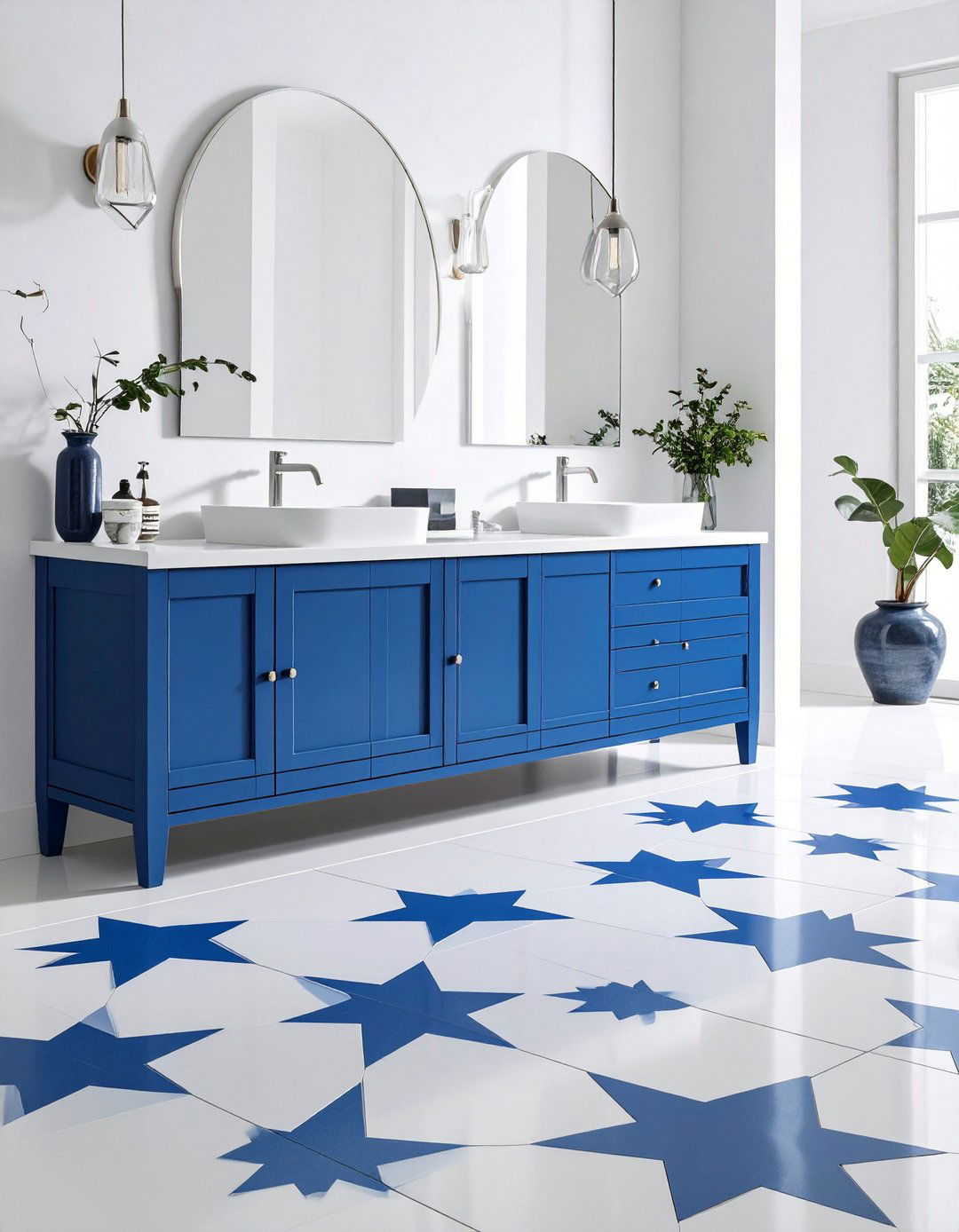 Moroccan Star Cement Floor - 20 Blue and White Bathroom Ideas