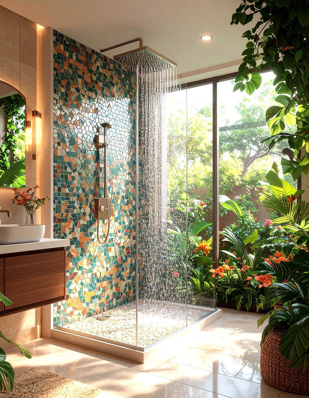 Mosaic Accent Band for Personality - 20 Half-wall Shower Ideas