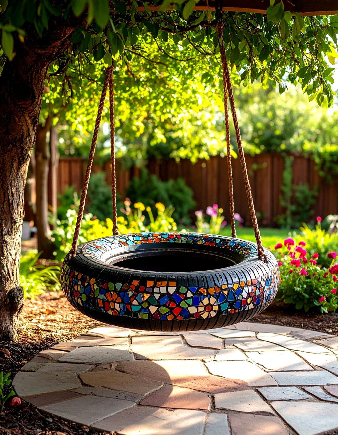 Mosaic Decorated Tire Swing - 20 Tire Swing Ideas