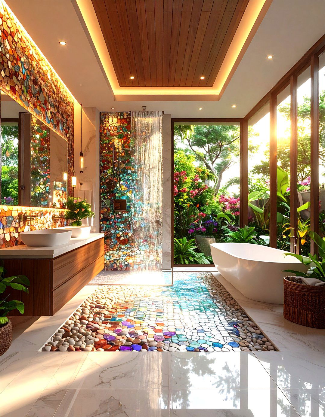 Mosaic Feature Wall Doorless Walk In Shower - 20 Doorless Walk In Shower Ideas