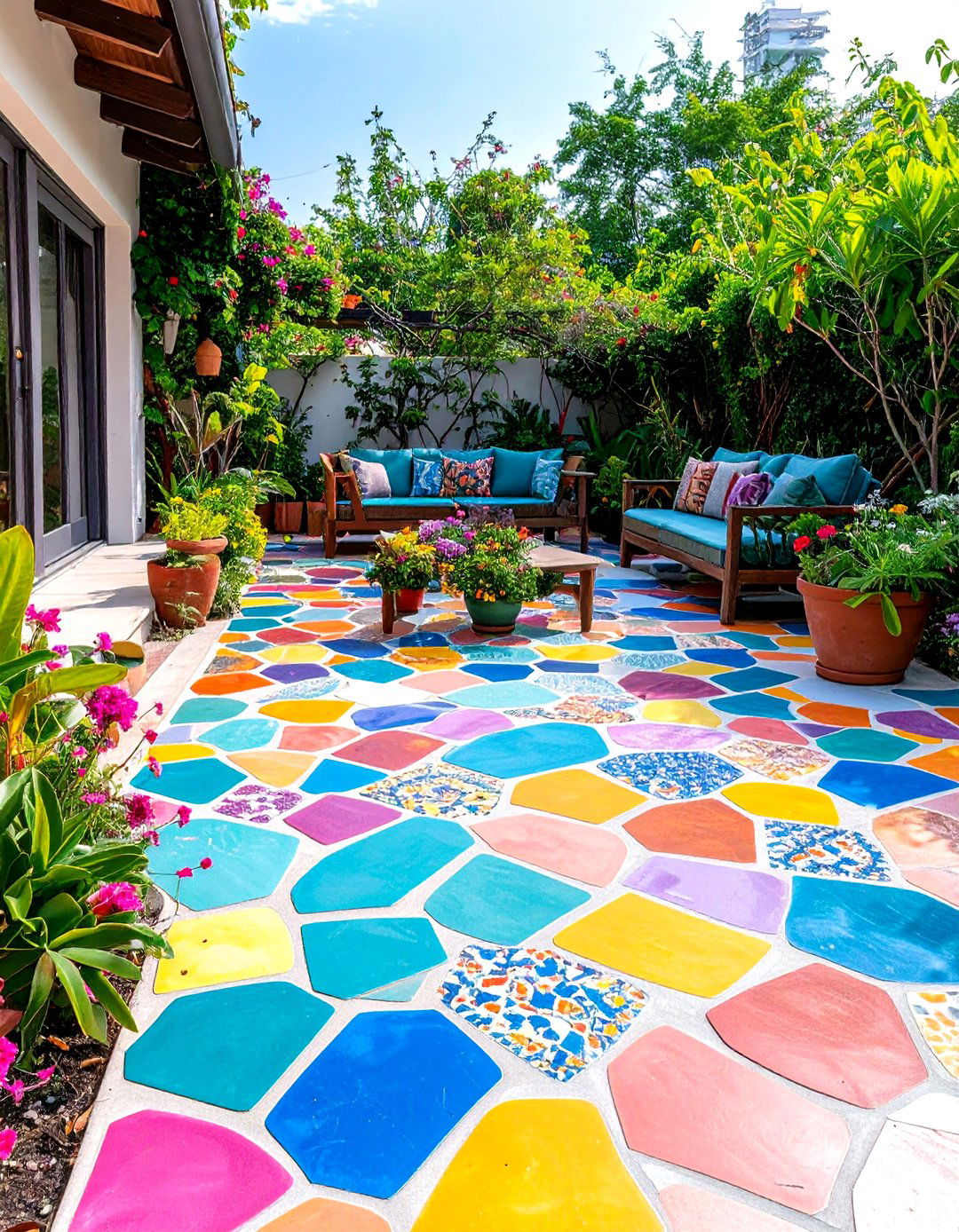 Mosaic Style Painted Concrete Patio - 20 Painted Concrete Patio Ideas