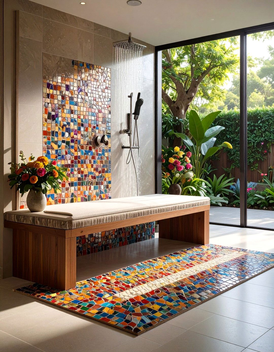 Mosaic Tile Accent Bench - 20 Shower Bench Ideas