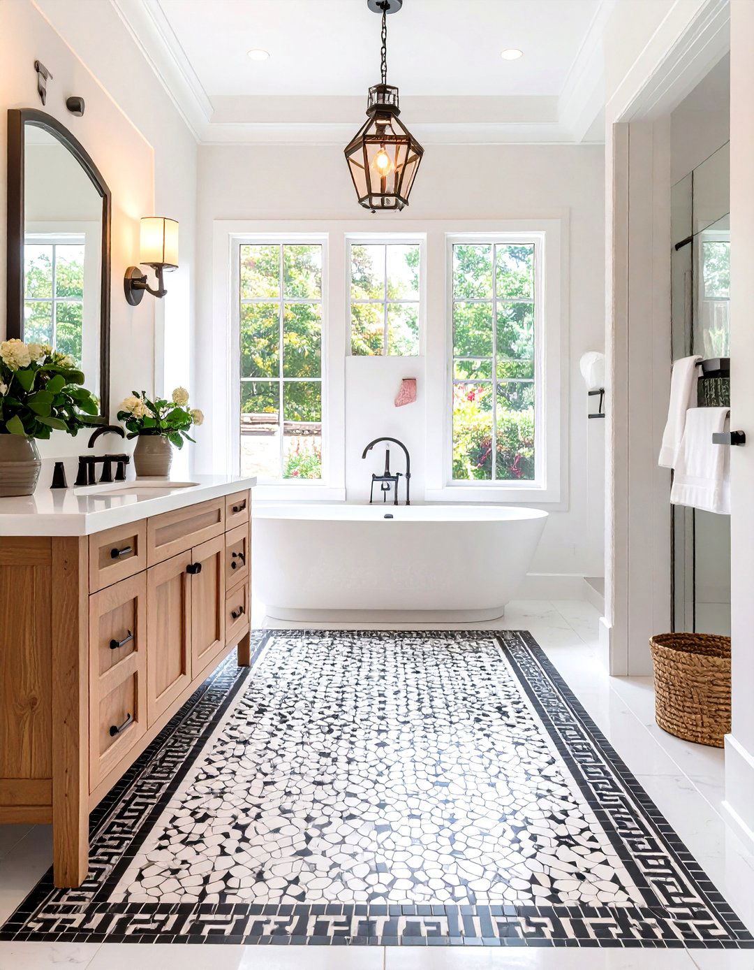 Mosaic Tile Rug Underfoot - 20 Black and White Powder Room Ideas