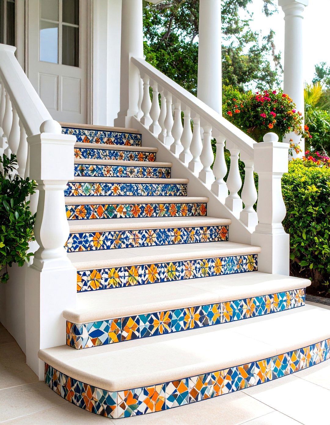 Mosaic Tiled Stair Riser Front Porch Tile Accent - 20 Front Porch Tile Ideas