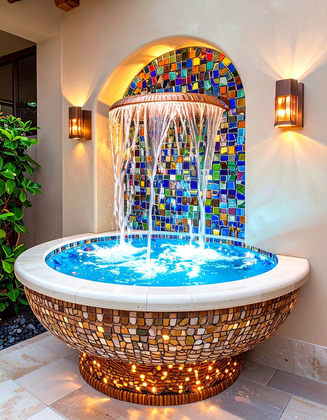 Mosaic Tiled Water Feature for a Boho House Exterior - 20 Boho House Exterior Ideas