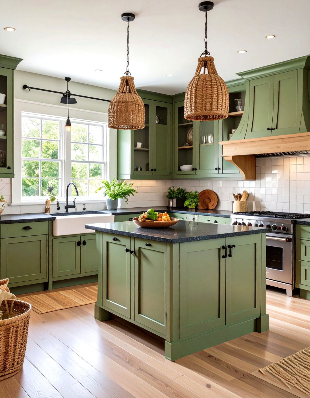 Moss Beadboard and Open Shelving - 20 Green Kitchen Cabinets With Black Countertops