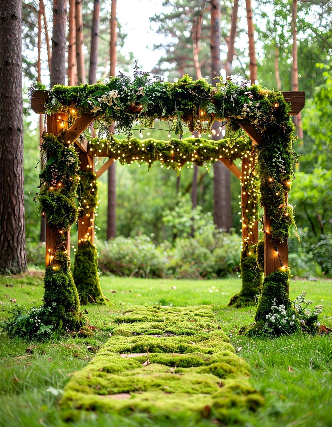Moss Covered Fairy Light Wedding Arch - 20 Wedding Arch Ideas
