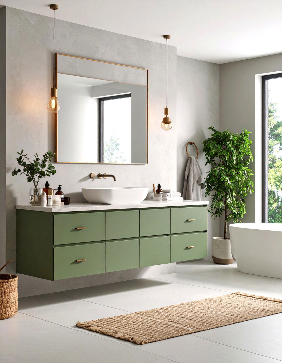 Moss Green Drawer Fronts with Pale Gray Micro Cement Walls - 20 Green and Grey Bathroom Ideas