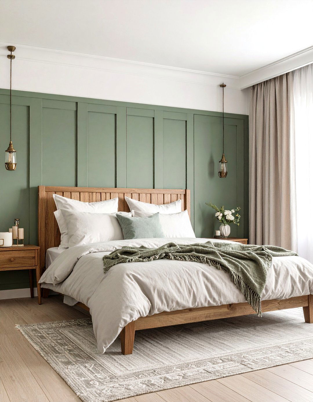 Moss Green Paneling and Light Grey Linen Layers - 20 Green and Grey Bedroom Ideas