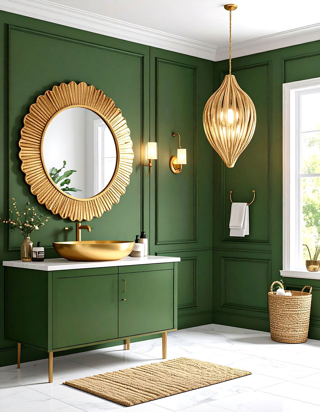 Moss Green Powder Room Bathroom with Gold Glam - 20 Green and Gold Bathroom Ideas