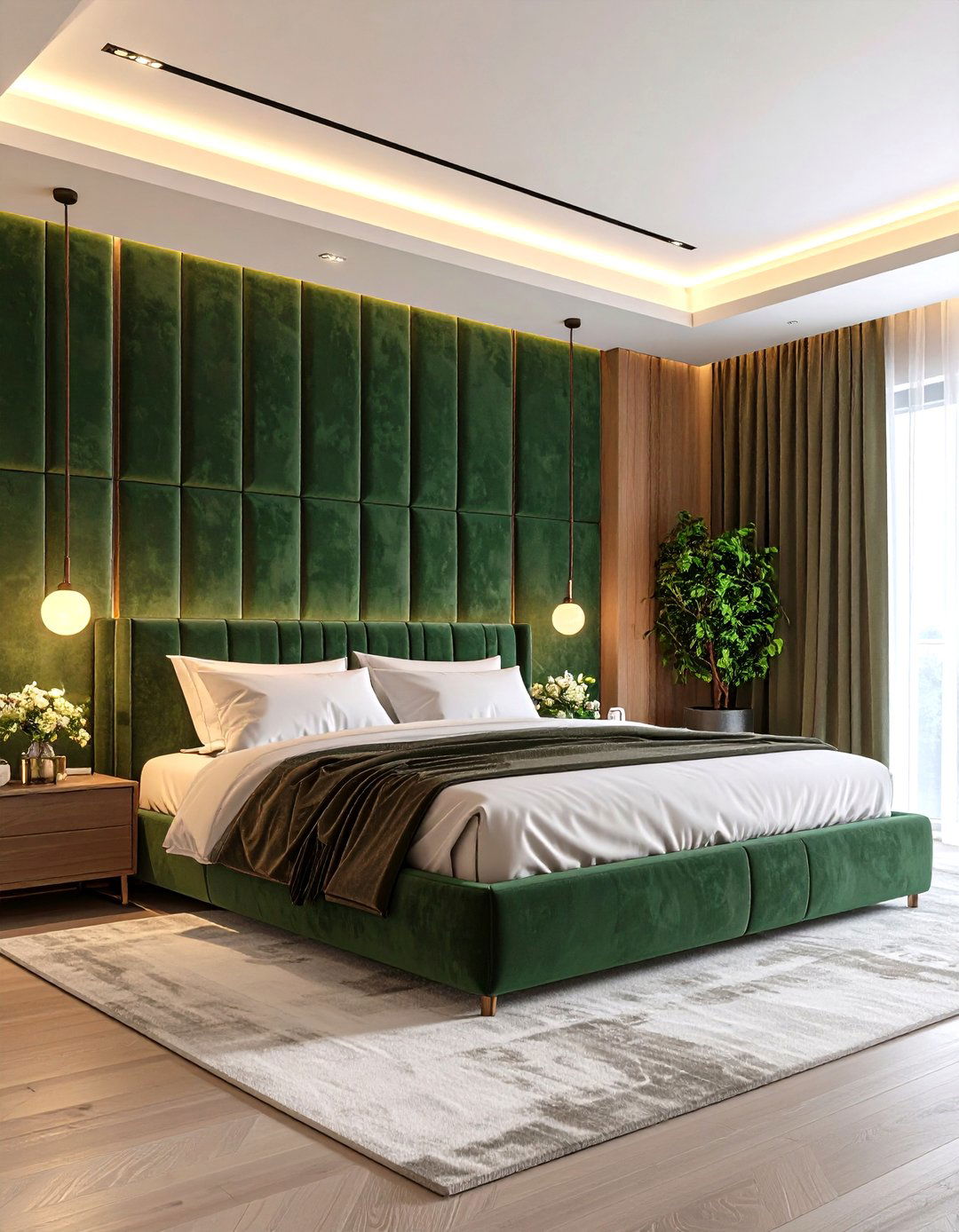 Moss Green Upholstered Panel Headboard Wall - 20 Green Panelling Bedroom Ideas