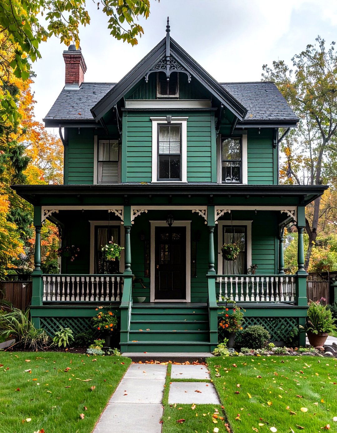 Moss Green Victorian With Inky Gingerbread Accents - 20 Green House Exterior With Black Trim