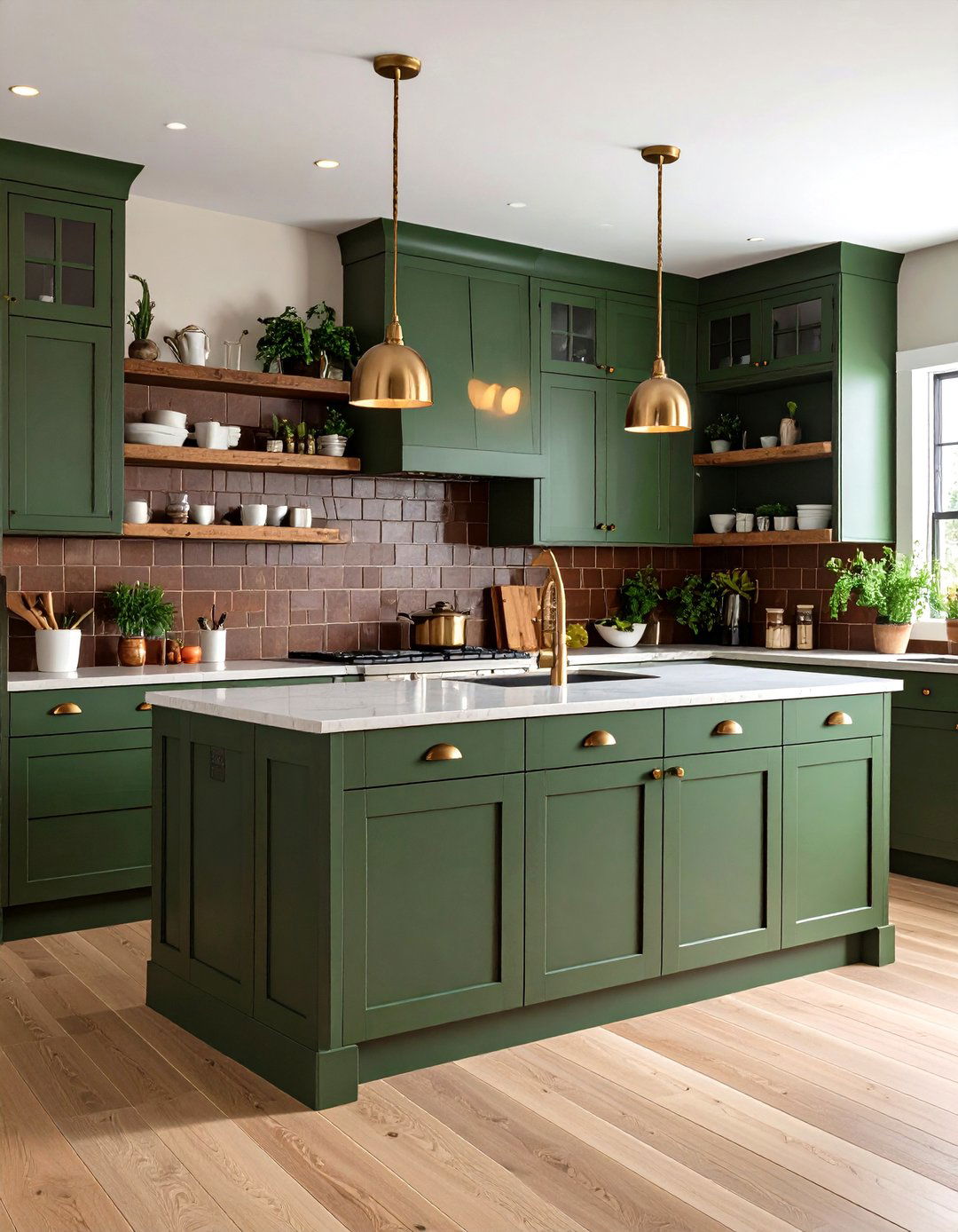 Mossy Green Kitchen Cabinets with Chocolate Brown Backsplash Tiles - 20 Green and Brown Kitchen Ideas