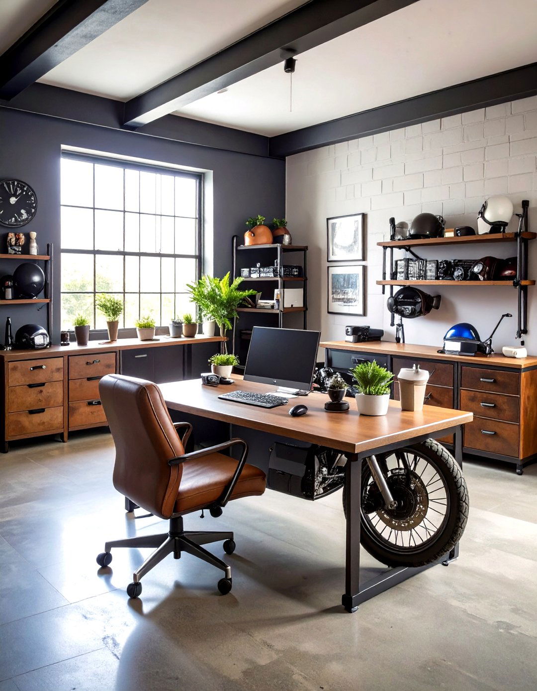 Motorcycle Themed Man Cave Office Style - 20 Man Cave Office Ideas