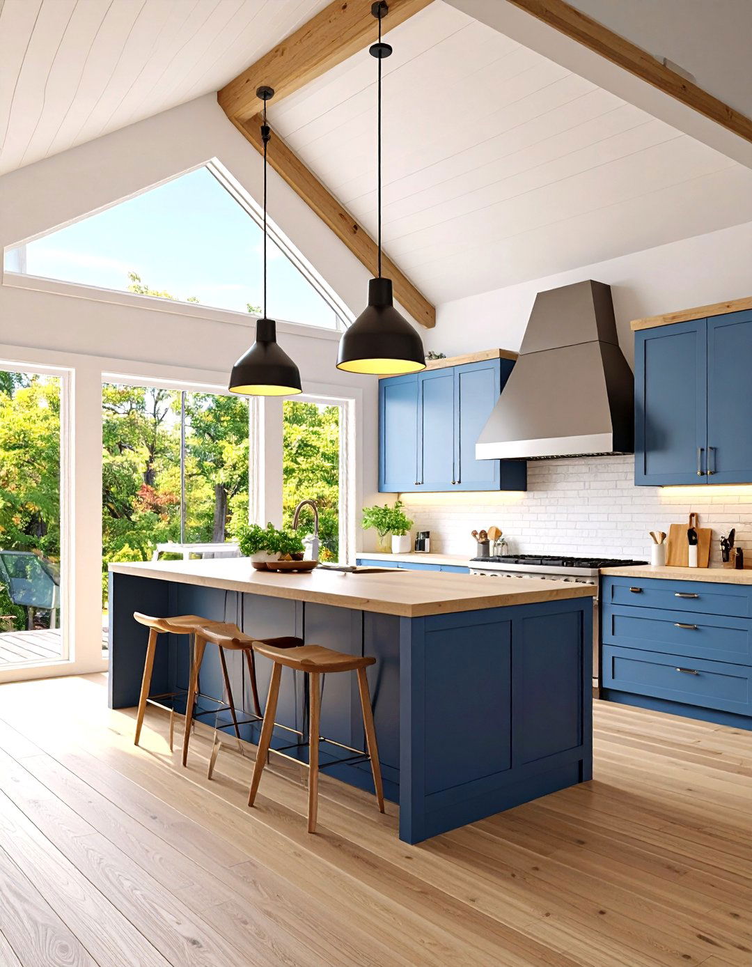 Mount Statement Pendants at Varied Heights - 20 Sloped Ceiling Kitchen Ideas