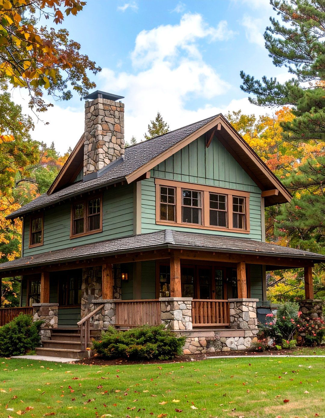 Mountain Cabin Inspired - 20 Sage Green House With Brown Trim Ideas