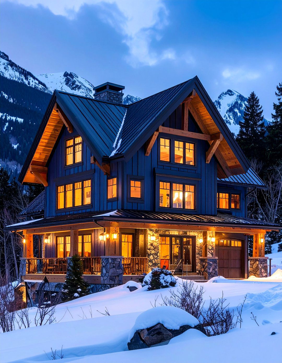Mountain Chalet with Black Windows - 20 Dark Blue House With Black Trim
