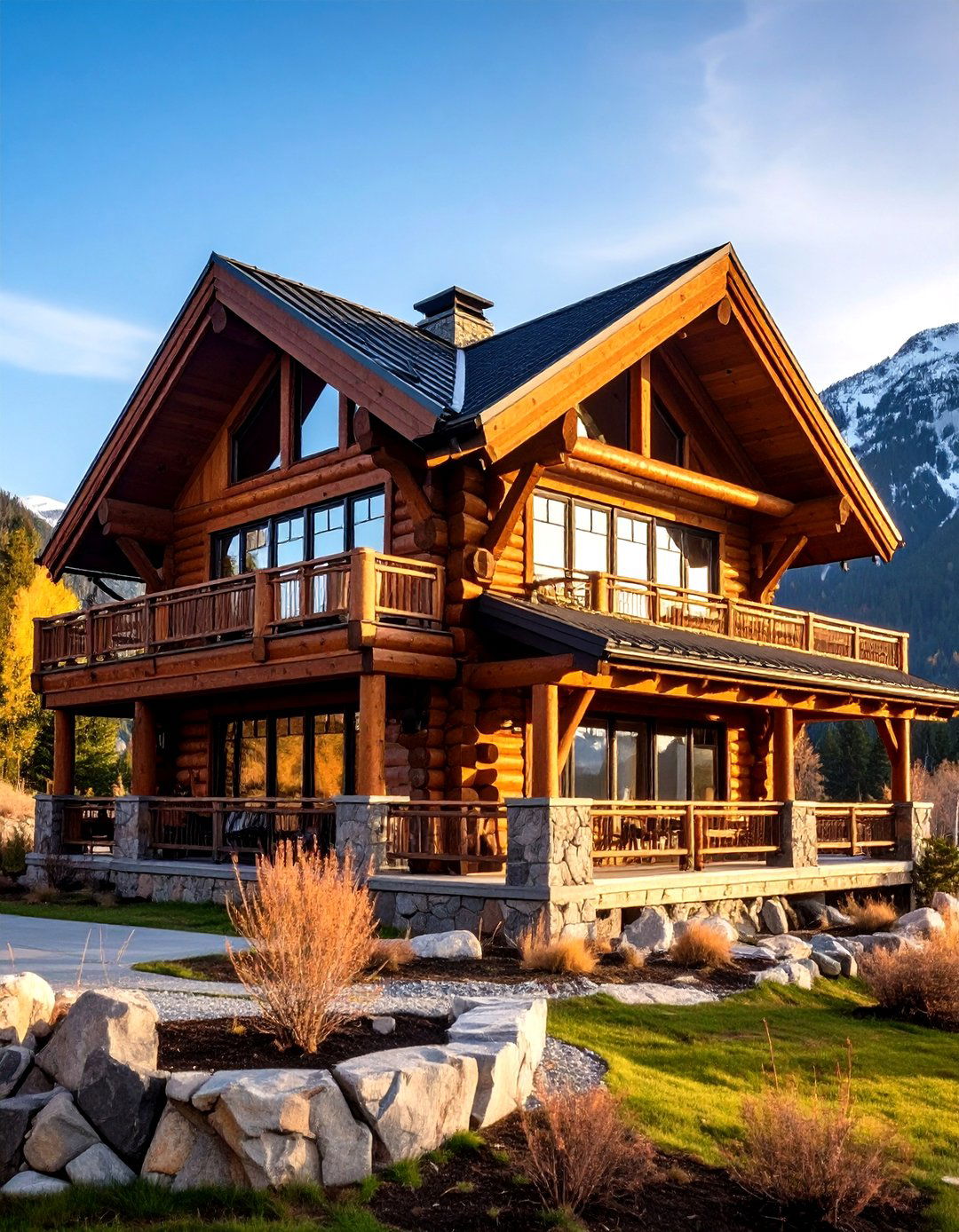 Mountain Lodge Stained Timber Framing - 20 Dark Brown House With Black Trim