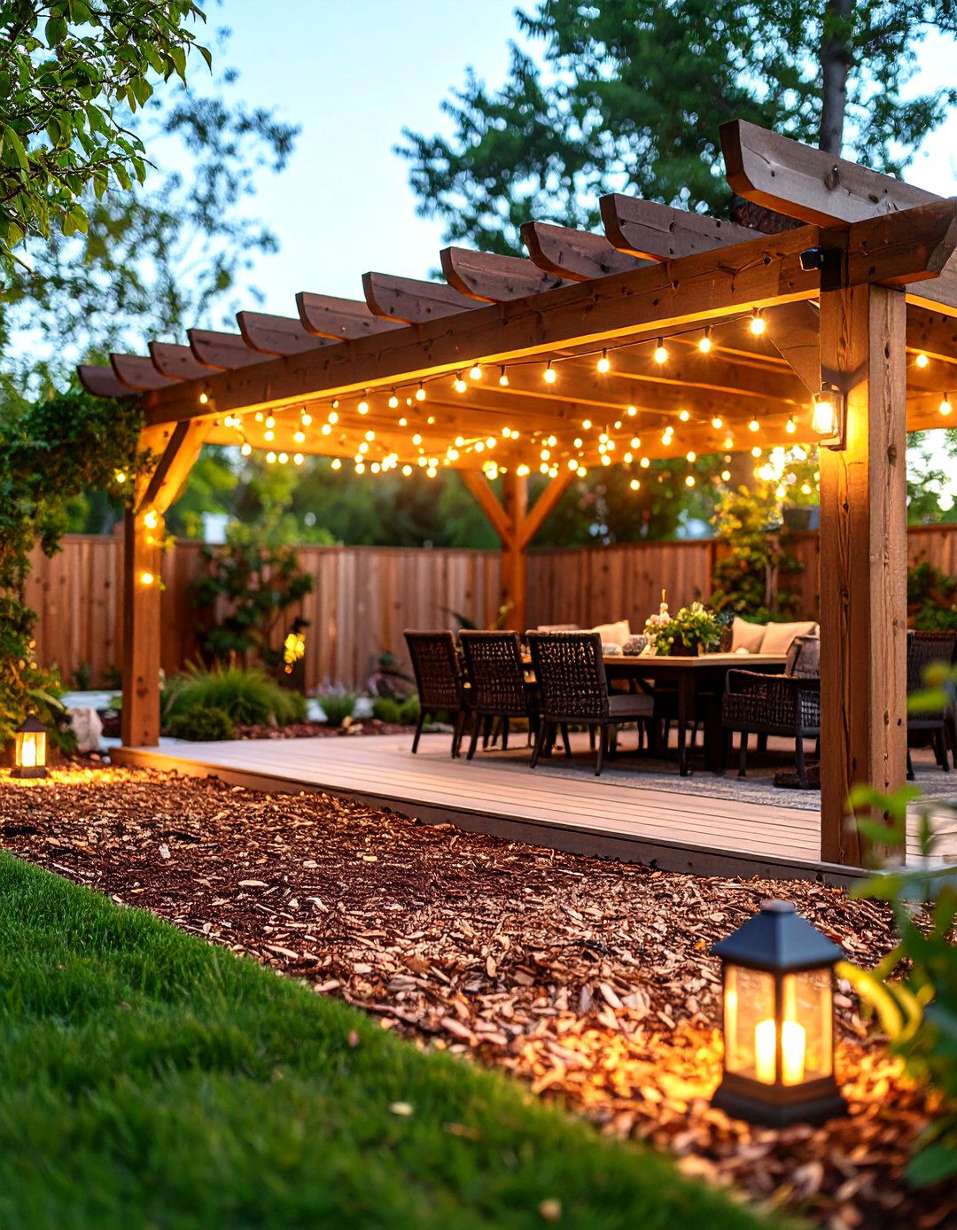 Mulch Patio under Pergola with String Lights - 20 mulch patio ideas