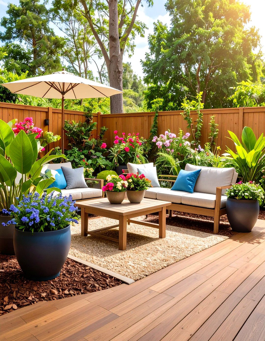 Mulch Patio with Container Garden Oasis - 20 mulch patio ideas