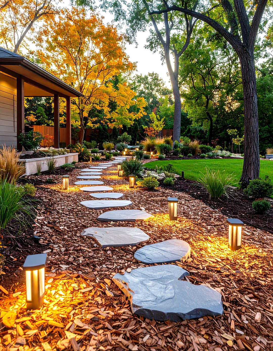 Mulch Patio with Stepping Stone Mosaic Path - 20 mulch patio ideas