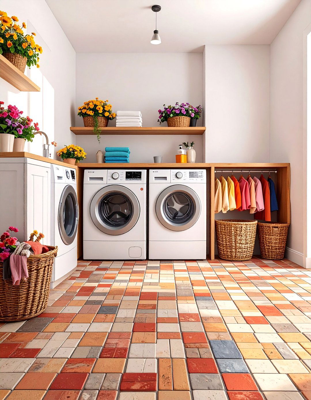 Multi Color Brick Floor Laundry Room Visual Interest - 20 Brick Floor Laundry Room Ideas