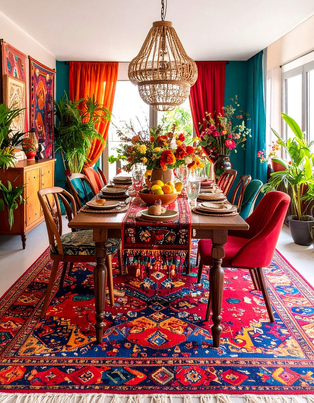 Multi Colored Patterned Carpeted Dining Room with Eclectic Charm - 20 Carpeted Dining Room Ideas