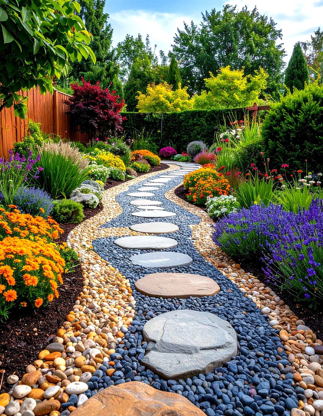 Multi Colored Pea Gravel Walkway with Pattern Design - 20 Pea Gravel Walkway Ideas