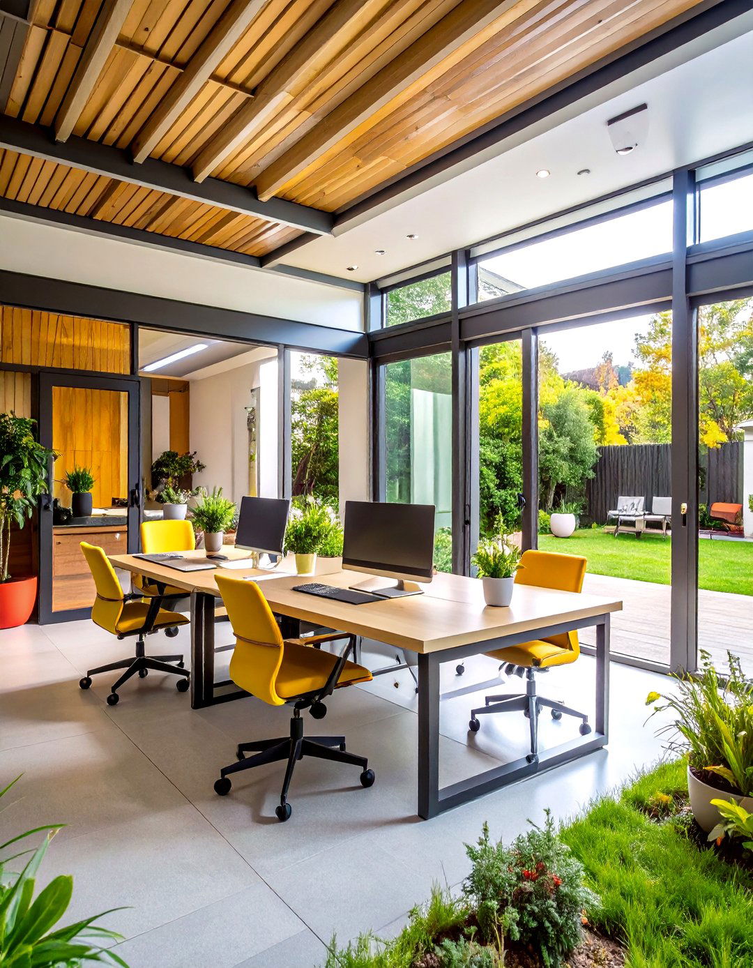 Multi Desk Collaborative Garden Office for Team Days - 20 Garden Office Ideas