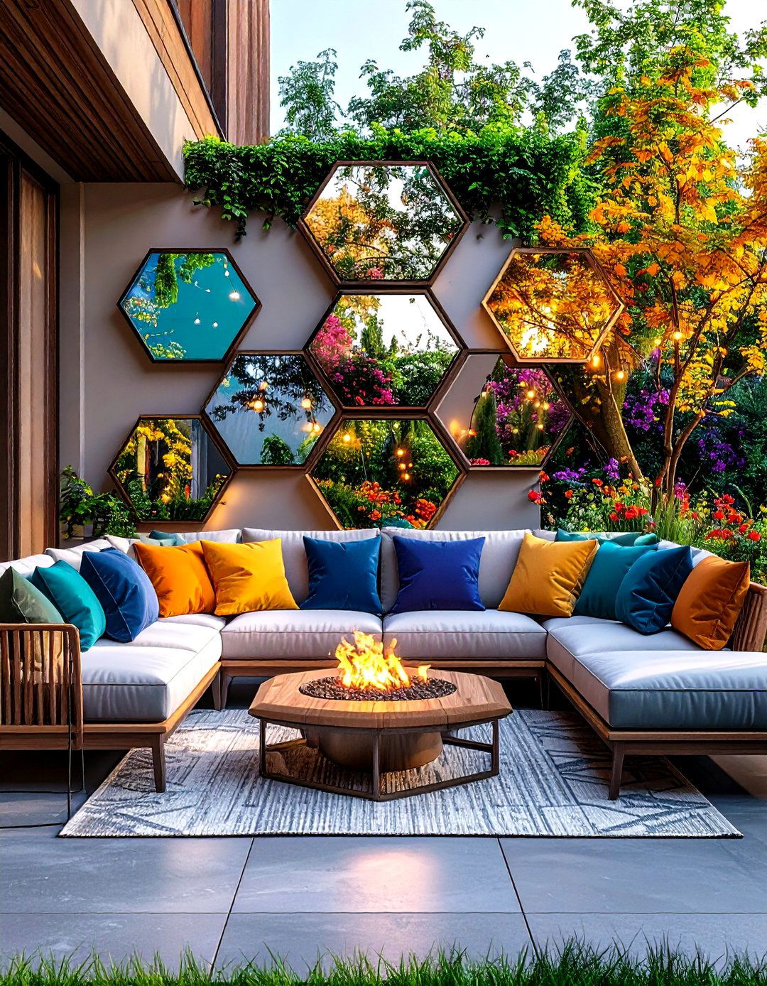 Multi Facet Seating Area Garden Mirror Reflects Social Vibe - 20 Garden Mirror Ideas