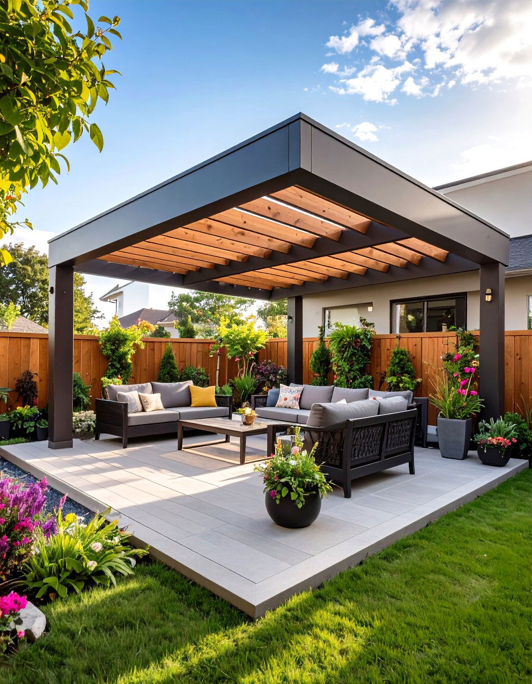 Multi Functional Pergola Kit with Built In Seating - 20 Small Patio Pergola Ideas