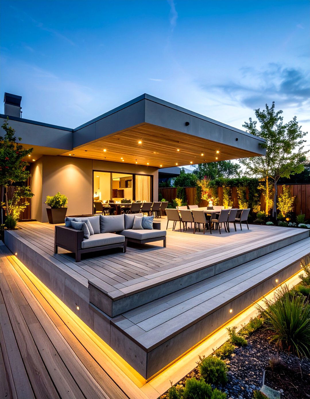 Multi Level Concrete Deck with Integrated Seating - 20 Concrete Deck Ideas