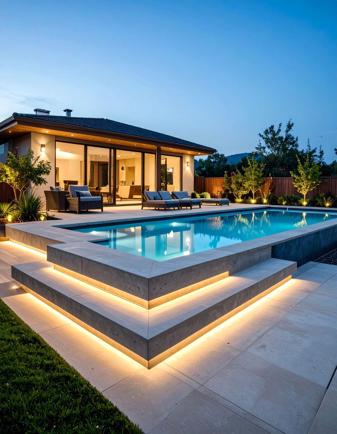 Multi Level Concrete Pool Deck with Raised Sections - 20 Concrete Pool Deck Ideas