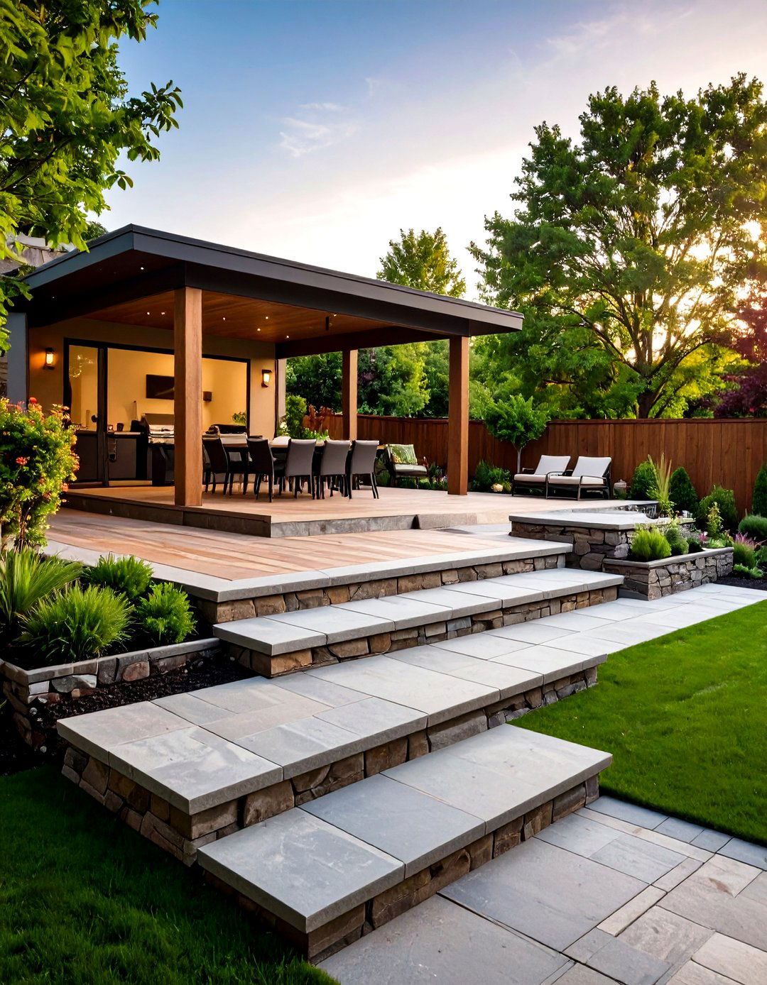 Multi Level Flagstone Terrace for Sloped Yards - 20 Flagstone Patio Ideas