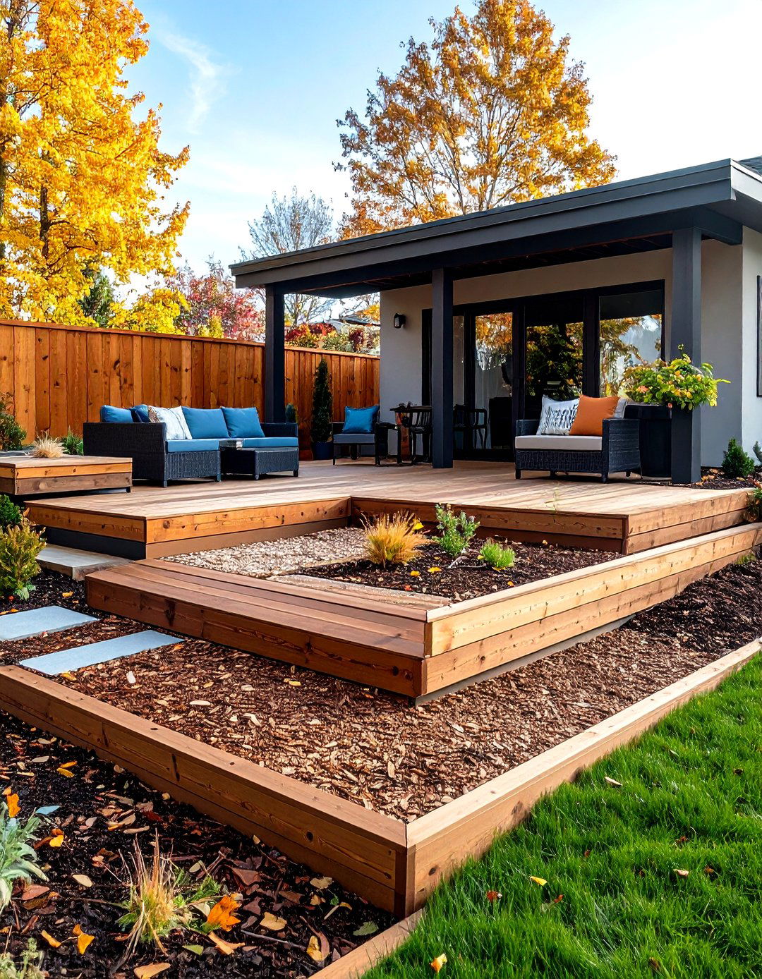 Multi Level Mulch Terrace Patio on Slope - 20 mulch patio ideas