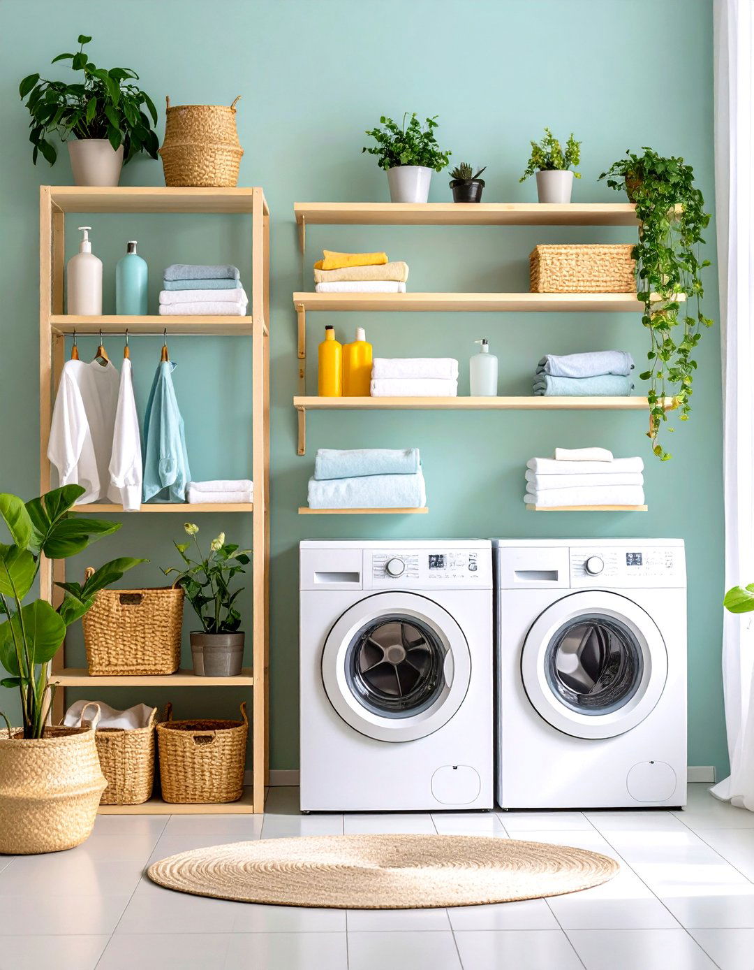 Multi Level Platform Laundry Room Shelving with Integrated Workspace - 20 Laundry Room Shelving Ideas